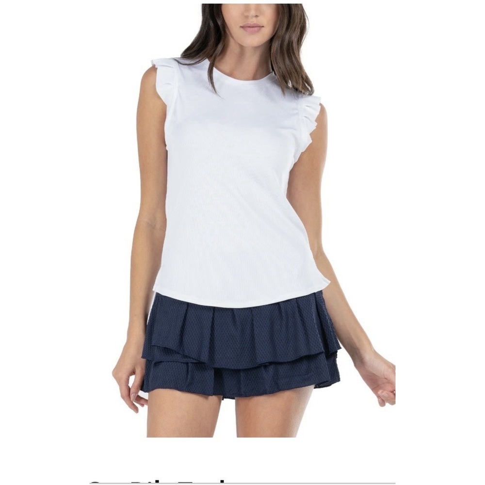 Lucky in Love Bring It On Women's Ribbed Tennis Tank Top Ruffle Sleeve White NEW